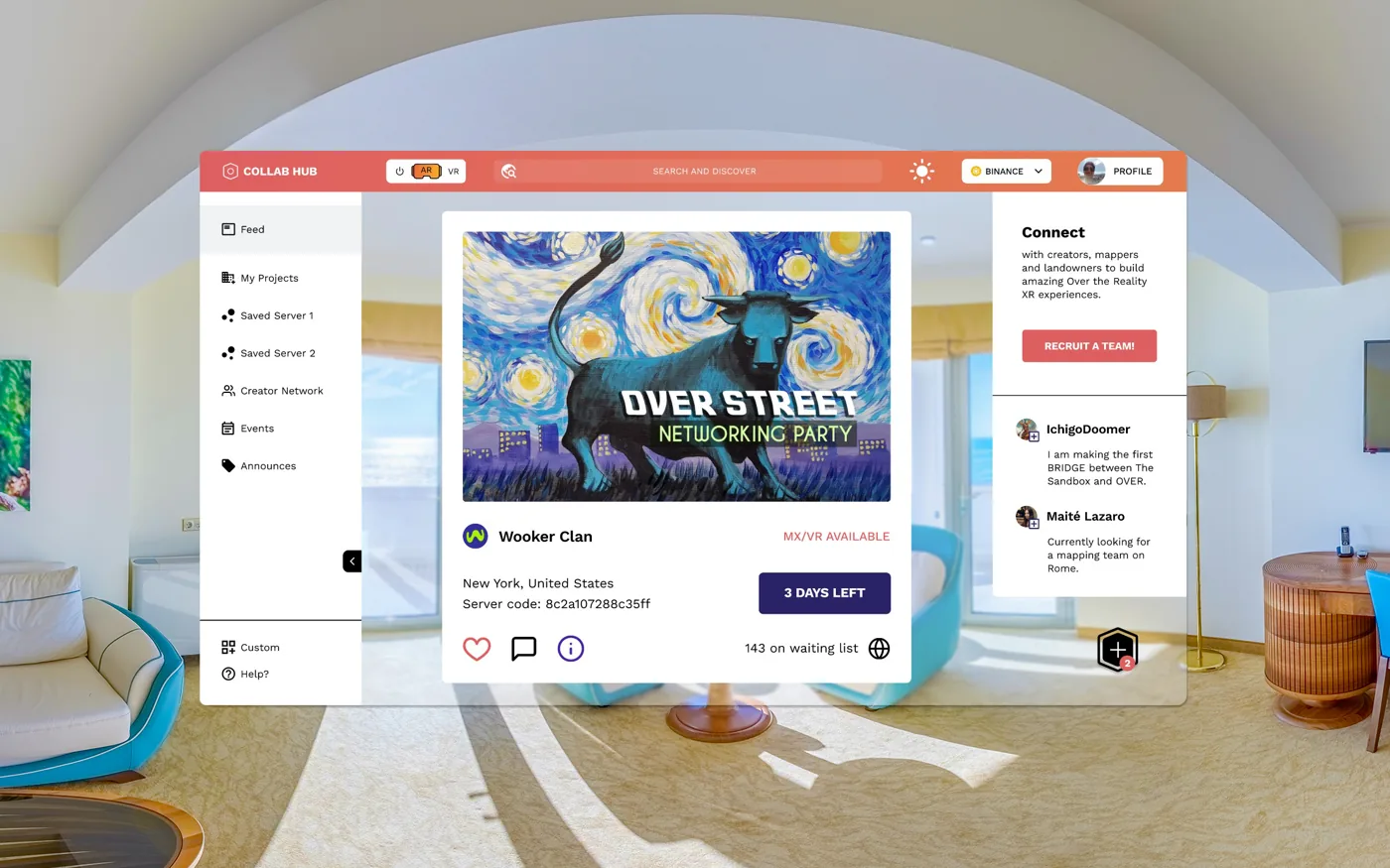 Pantalla del feed de OVER Collab Hub