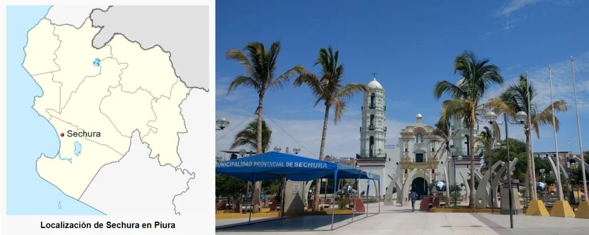Ubicación de Sechura en Piura y la plaza del distrito