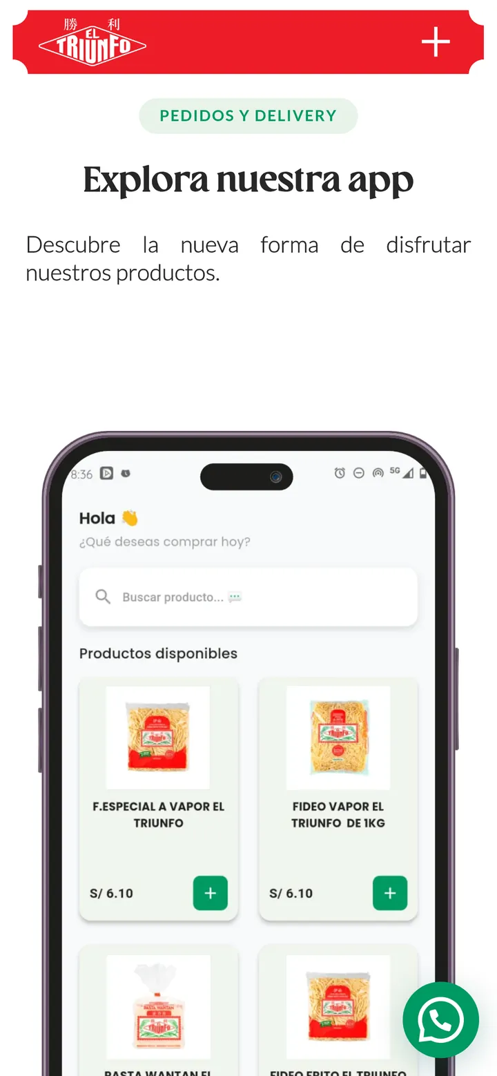 Sección de la app en el inicio, en celular